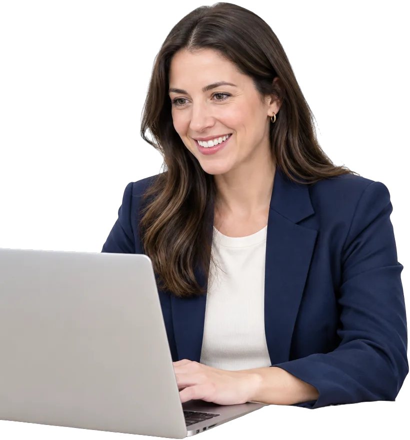 A woman smiling at her laptop during an online hypnotherapy session